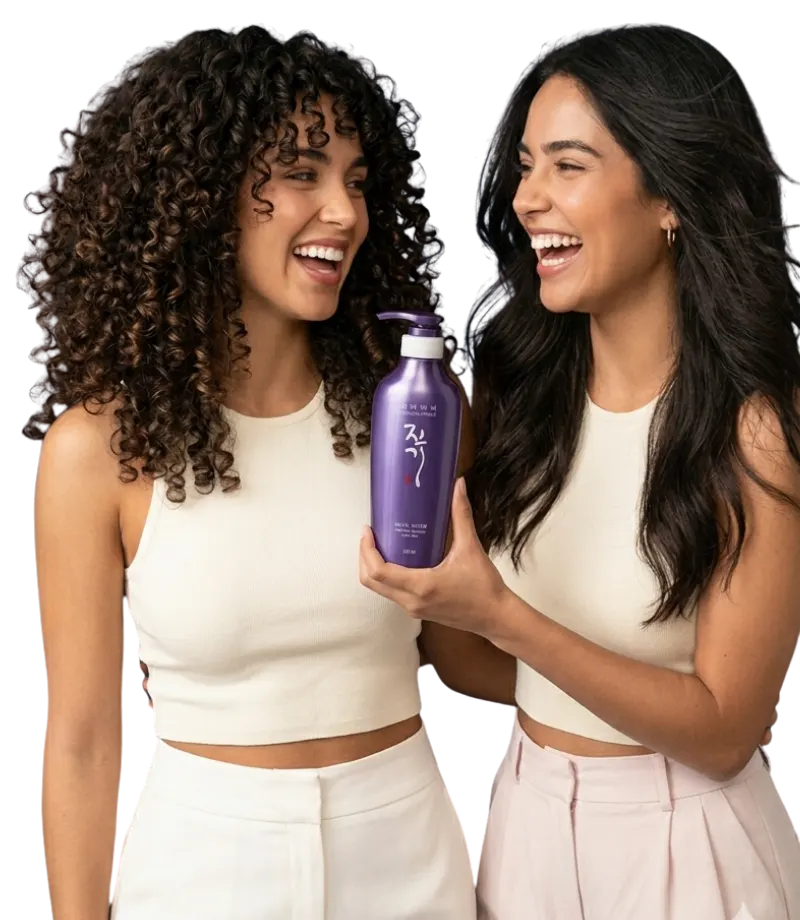 Mujeres con cabello rizado y largo sonriendo con un shampoo morado